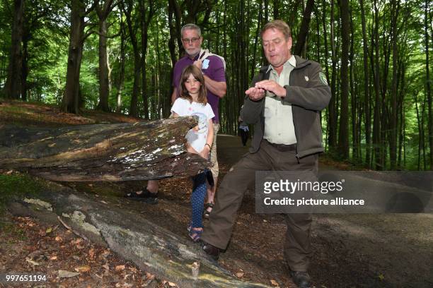 Nature park ranger Jens Krohnfuss of the national park watch, photographed with visitors at 'Koenigsstuhl' rock formation in the national park...