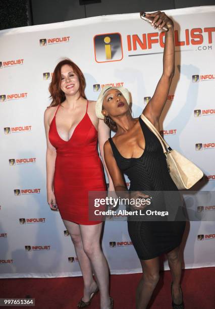 Actress Maitland Ward and actress Trina McGee arrive for the INFOLIST.com's Annual Pre-Comic-Con Party held at OHM Nightclub on July 12, 2018 in...