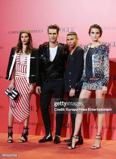 Valery Kaufman, Jon Kortajarena, Olivier Rousteing and Blanca Padilla attend the Vogue 30th Anniversary Party at Casa Velazquez on July 12, 2018 in...