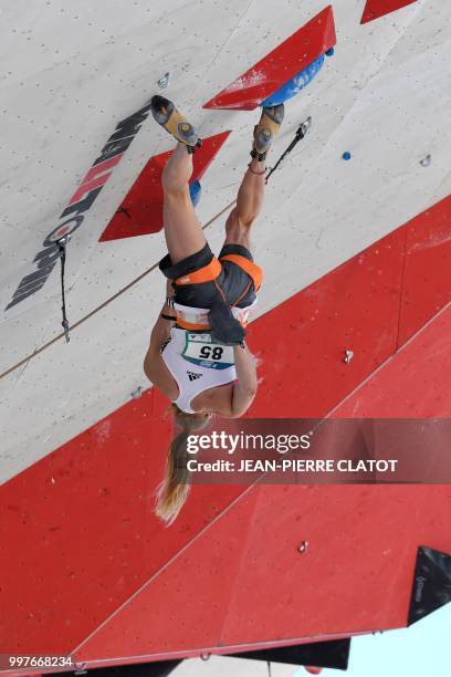 Slovenia's Mina Markovic climbs during the semi-final of 2018 International Federation of Sport Climbing Climbing World Cup in Chamonix on July 13 in...