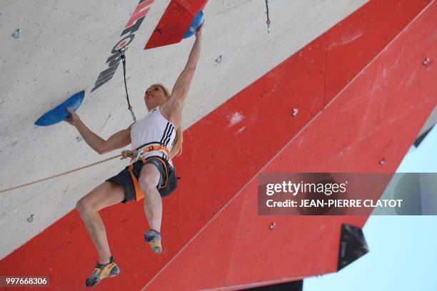 Slovenia's Mina Markovic climbs during the semi-final of 2018 International Federation of Sport Climbing Climbing World Cup in Chamonix on July 13 in...