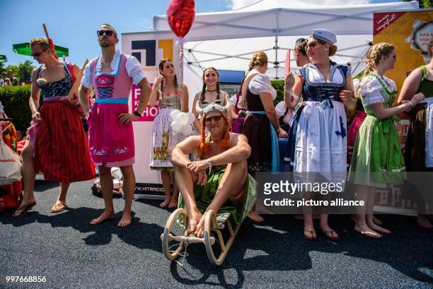 Participants wait for the start of the competition at the 'Dirndl-Flug-Weltmeisterschaft' in Nuremberg, Germany, 30 July 2017. Several dozens of...