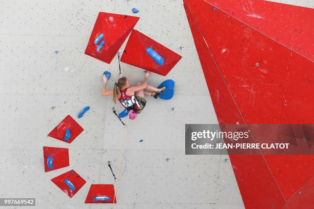 Switzerland Michelle Hulliger climbs during the women's semi-final of 2018 International Federation of Sport Climbing Climbing World Cup in Chamonix...