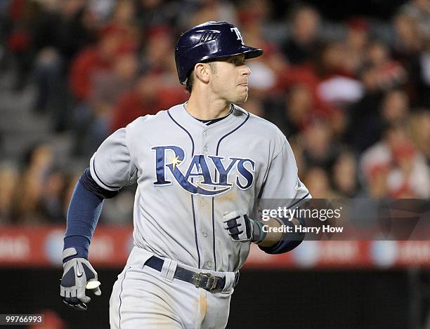 Evan Longoria of the Tampa Bay Rays watches his three run homerun for a 6-0 lead against the Los Angeles Angels during the seventh inning at Angels...