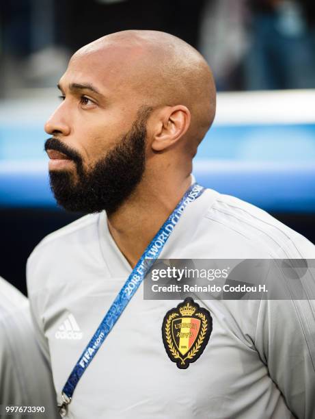 Assistant coach Thierry Henry of Belgium is seen pprior to the 2018 FIFA World Cup Russia Semi Final match between Belgium and France at Saint...