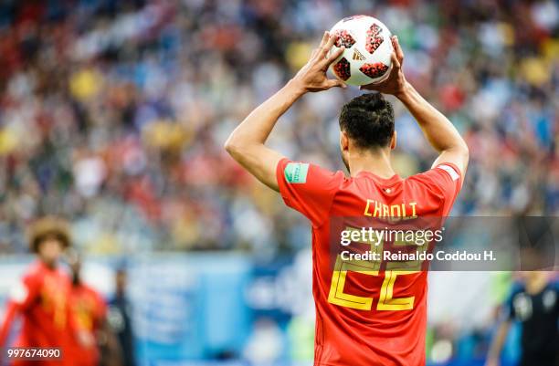 Nacer Chadli of Belgium takes a throw in during the 2018 FIFA World Cup Russia Semi Final match between Belgium and France at Saint Petersburg...