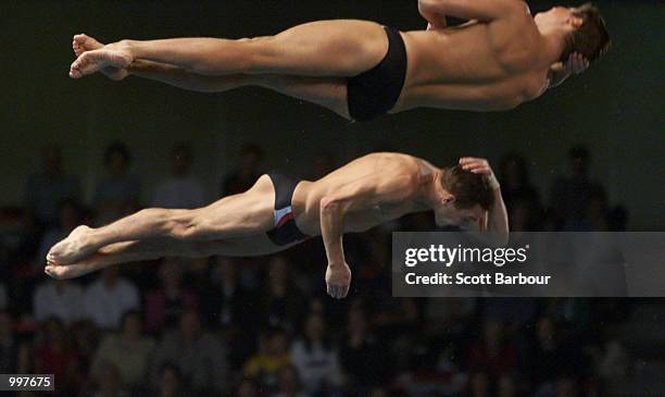 Gavin Brown and Aldridge Blake of Great Britain in action in the Mens Platform Synchro held at the Chandler Aquatic Centre at the Goodwill Games in...