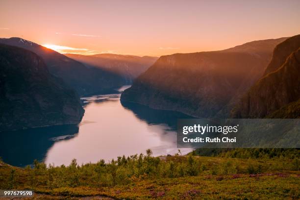 majestic aurlandsfjord at sunset - aurlandsfjord stock pictures, royalty-free photos & images