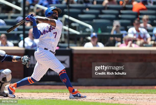 Jose Reyes of the New York Mets in action against the Tampa Bay Rays during a game at Citi Field on July 8, 2018 in the Flushing neighborhood of the...