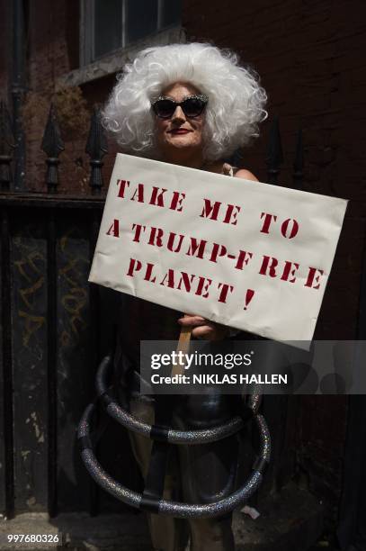 Drag queen joins protesters against the UK visit of US President Donald Trump as they gather to take part in a march and rally in London on July 13,...