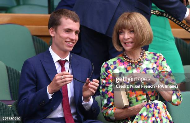 Dame Anna Wintour and Luke Wintour in the royal box on centre court on day eleven of the Wimbledon Championships at the All England Lawn Tennis and...