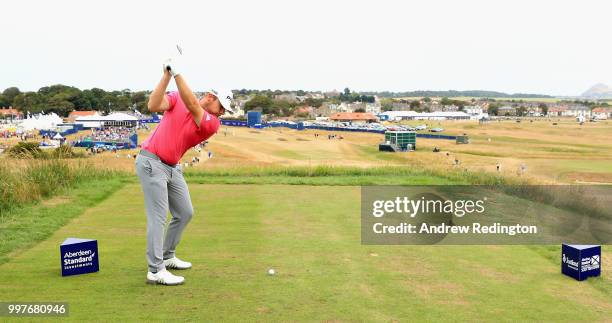 Tyrrell Hatton of England takes his tee shot on hole eighteen during day two of the Aberdeen Standard Investments Scottish Open at Gullane Golf...