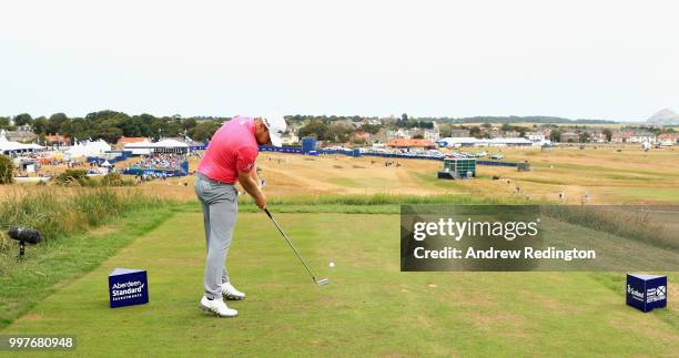 Tyrrell Hatton of England takes his tee shot on hole eighteen during day two of the Aberdeen Standard Investments Scottish Open at Gullane Golf...