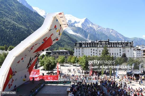 Competitors climb during the men semi-final of 2018 International Federation of Sport Climbing Climbing World Cup in Chamonix on July 13 in Chamonix.