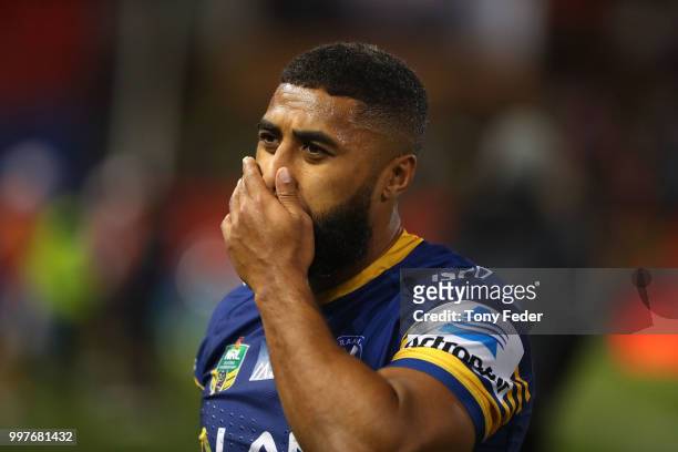 Michael Jennings of the Eels looks dejected after losing to the Knights during the round 18 NRL match between the Newcastle Knights and the...