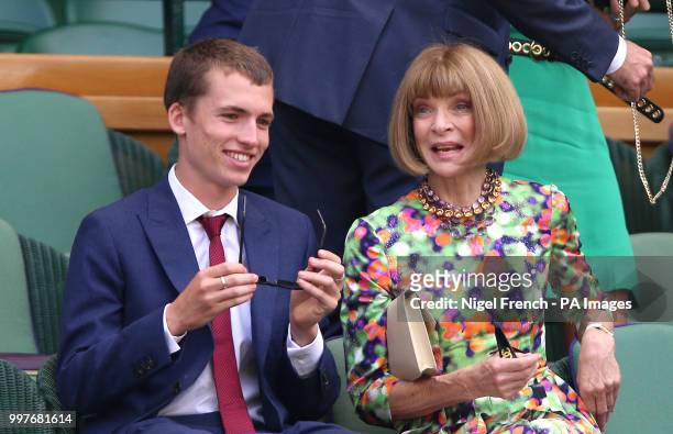 Dame Anna Wintour and Luke Wintour in the royal box on centre court on day eleven of the Wimbledon Championships at the All England Lawn Tennis and...