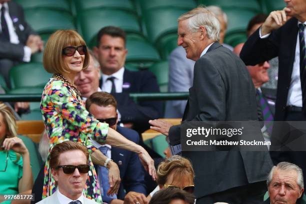 Anna Wintour attends day eleven of the Wimbledon Lawn Tennis Championships at All England Lawn Tennis and Croquet Club on July 13, 2018 in London,...