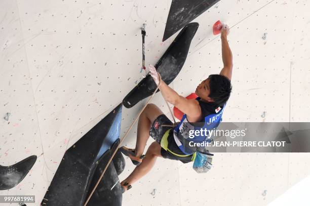 Japan Yuki Hada climbs during the semi-final of 2018 International Federation of Sport Climbing Climbing World Cup in Chamonix on July 13 in Chamonix.