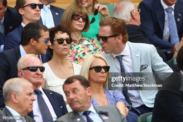 Bear Grylls, Helen McCrory and Damian Lewis attend day eleven of the Wimbledon Lawn Tennis Championships at All England Lawn Tennis and Croquet Club...