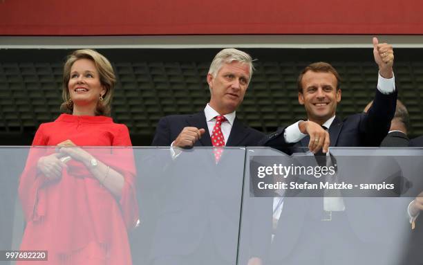 Emmanuel Macron, King Philippe of Belgium, Queen Mathilde of Belgium during the 2018 FIFA World Cup Russia Semi Final match between Belgium and...