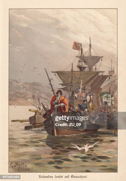 illustrazioni stock, clip art, cartoni animati e icone di tendenza di columbus scopre l'america, litografia, pubblicata intorno al 1895 - cristoforo colombo esploratore
