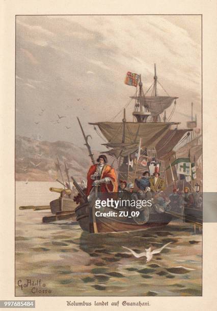 columbus discovers america, lithograph, published around 1895 - san salvador stock illustrations