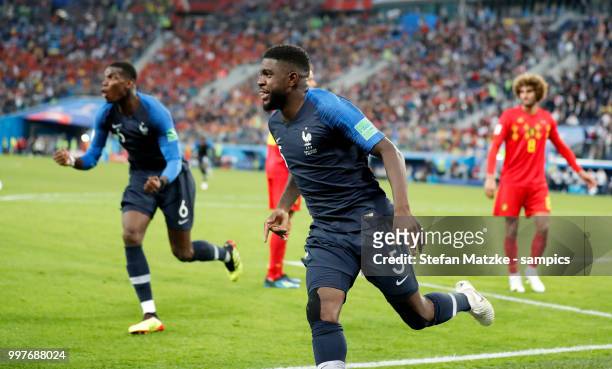 Samuel Umtiti of France celebrates as he scores the goal 0:1 during the 2018 FIFA World Cup Russia Semi Final match between Belgium and France at...