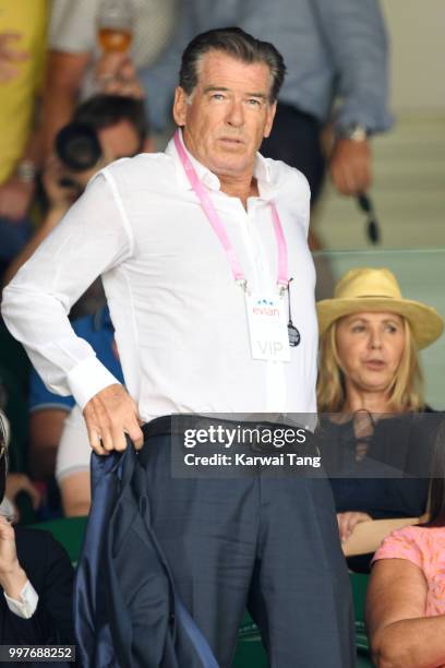 Pierce Brosnan attends day eleven of the Wimbledon Tennis Championships at the All England Lawn Tennis and Croquet Club on July 13, 2018 in London,...