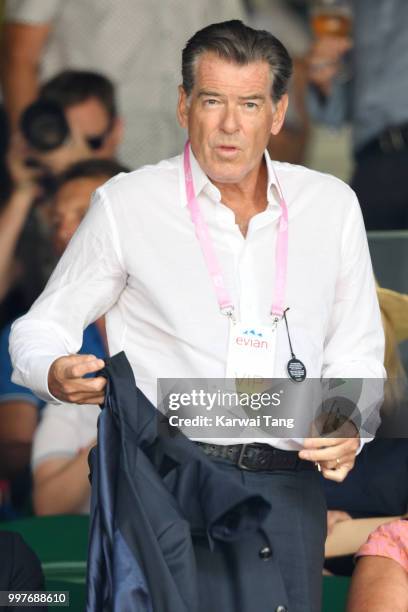 Pierce Brosnan attends day eleven of the Wimbledon Tennis Championships at the All England Lawn Tennis and Croquet Club on July 13, 2018 in London,...