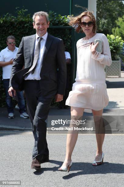 Alexander Armstrong and Hannah Bronwen Snow seen arriving at Wimbledon for Men's Semi Final Day on July 12, 2018 in London, England.