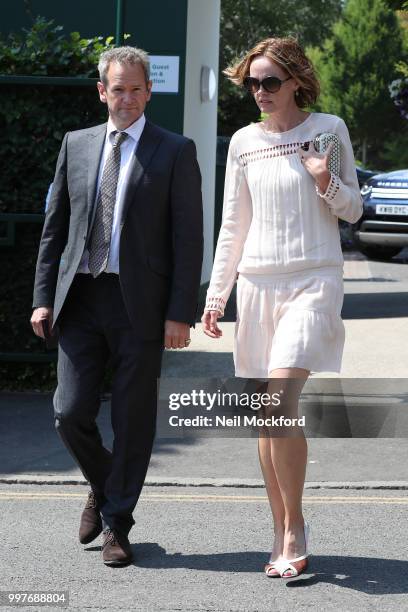 Alexander Armstrong and Hannah Bronwen Snow seen arriving at Wimbledon for Men's Semi Final Day on July 12, 2018 in London, England.