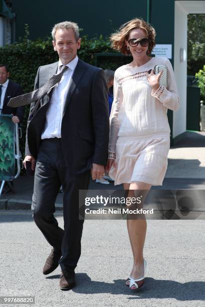 Alexander Armstrong and Hannah Bronwen Snow seen arriving at Wimbledon for Men's Semi Final Day on July 12, 2018 in London, England.