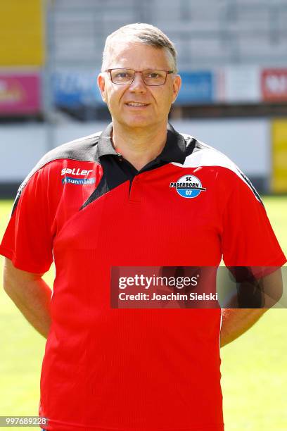 Lutz Mahlke of SC Paderborn poses during the team presentation at Benteler Arena on July 13, 2018 in Paderborn, Germany.