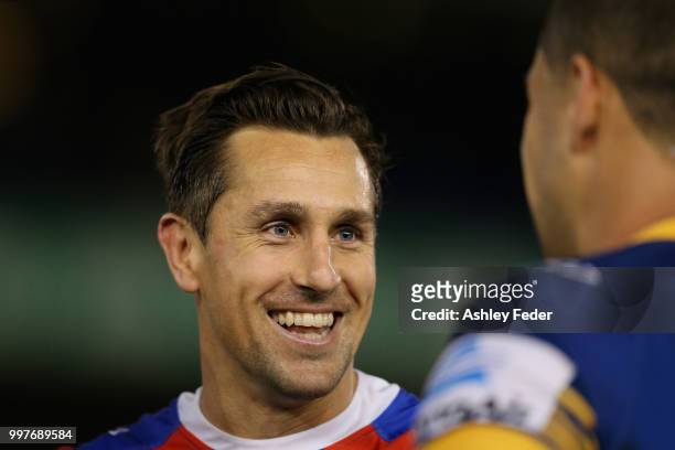 Mitchell Pearce of the Knights after the win during the round 18 NRL match between the Newcastle Knights and the Parramatta Eels at McDonald Jones...