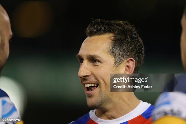 Mitchell Pearce of the Knights after the win during the round 18 NRL match between the Newcastle Knights and the Parramatta Eels at McDonald Jones...