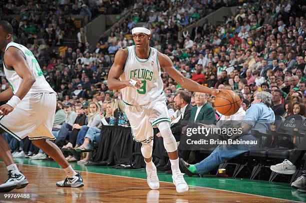 Rajon Rondo of the Boston Celtics drives the ball against the Milwaukee Bucks on April 14, 2010 at the TD Garden in Boston, Massachusetts. NOTE TO...