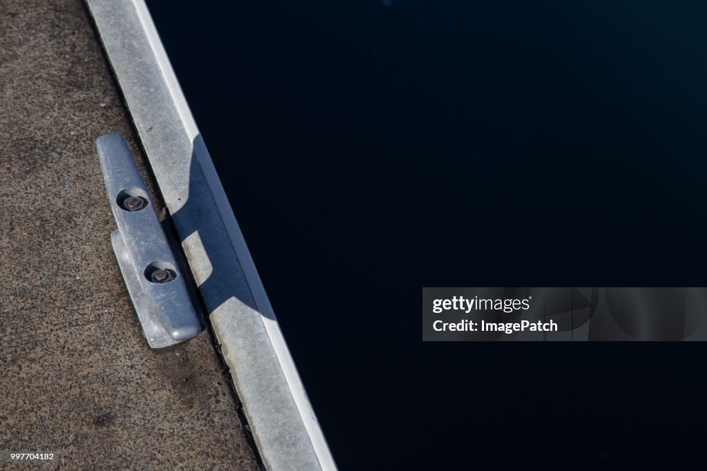 Abstract closeup of rope cleat on a floating dock