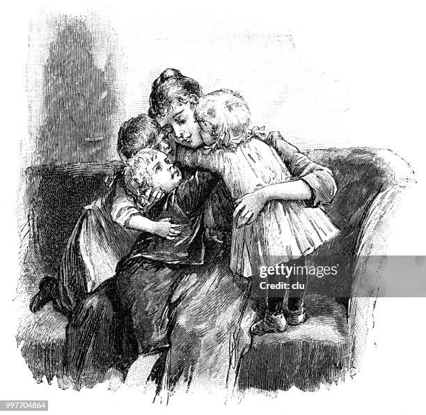 children embrace their mother on the sofa - old mother stock illustrations