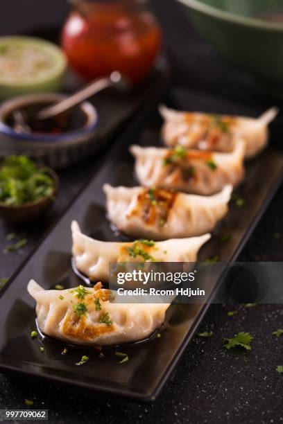 seafood wonton in japanese style on black platter - seafood platter stock pictures, royalty-free photos & images