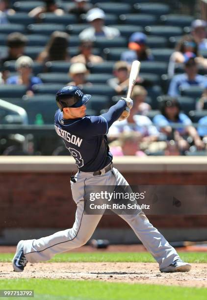 Daniel Robertson of the Tampa Bay Rays in action against the New York Mets during a game at Citi Field on July 8, 2018 in the Flushing neighborhood...