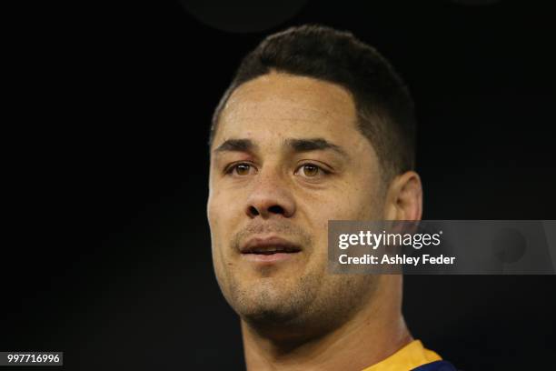 Jarryd Hayne of the Eels looks on during the round 18 NRL match between the Newcastle Knights and the Parramatta Eels at McDonald Jones Stadium on...