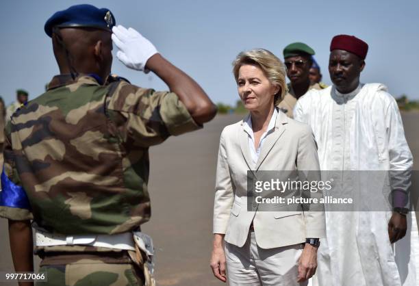 German Defence Minister Ursula von der Leyen is being welcomed with military honours by her Nigerien counterpart Kalla Moutari at the Niamey airport,...