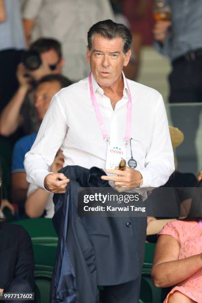 Pierce Brosnan attends day eleven of the Wimbledon Tennis Championships at the All England Lawn Tennis and Croquet Club on July 13, 2018 in London,...