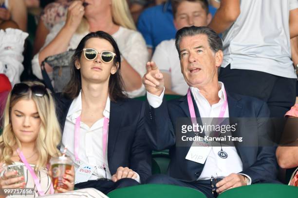 Dylan Brosnan, Pierce Brosnan and Keely Shaye Smith attend day eleven of the Wimbledon Tennis Championships at the All England Lawn Tennis and...