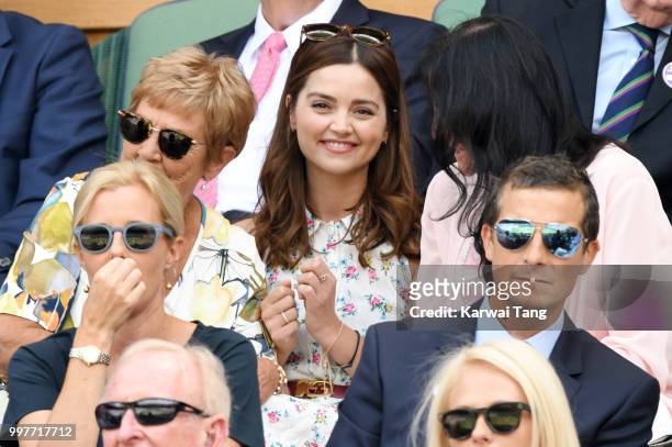 Jenna Coleman , Shara Grylls and Bear Grylls attend day eleven of the Wimbledon Tennis Championships at the All England Lawn Tennis and Croquet Club...