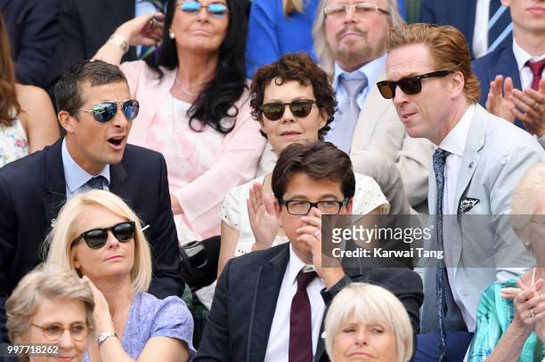 Bear Grylls, Shara Grylls, Damian Lewis , Kitty McIntyre and Michael McIntyre attend day eleven of the Wimbledon Tennis Championships at the All...
