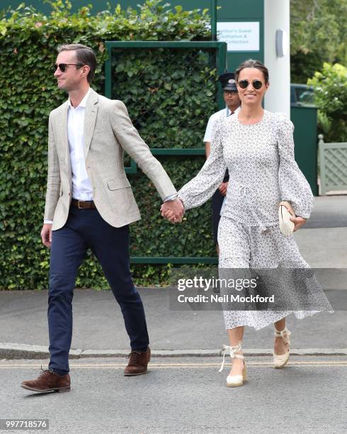 James Matthews and Pippa Middleton seen arriving at Wimbledon for Men's Semi Final Day on July 12, 2018 in London, England.