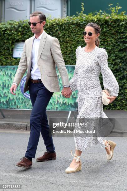 James Matthews and Pippa Middleton seen arriving at Wimbledon for Men's Semi Final Day on July 12, 2018 in London, England.