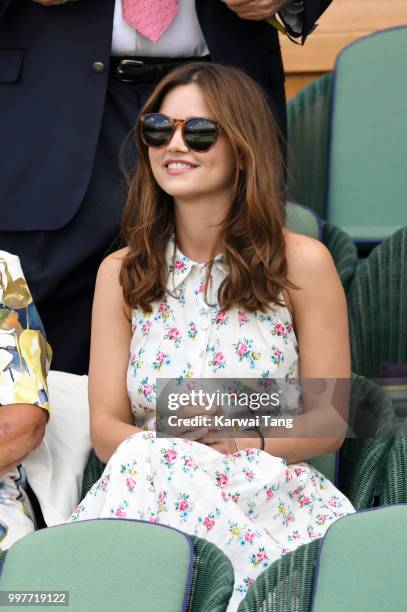 Jenna Coleman attends day eleven of the Wimbledon Tennis Championships at the All England Lawn Tennis and Croquet Club on July 13, 2018 in London,...