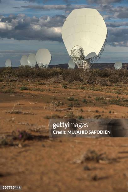 General view of a 64-dish radio telescope system is seen during an official unveiling ceremony on July 13, 2018 in Carnarvon. - South Africa on July...